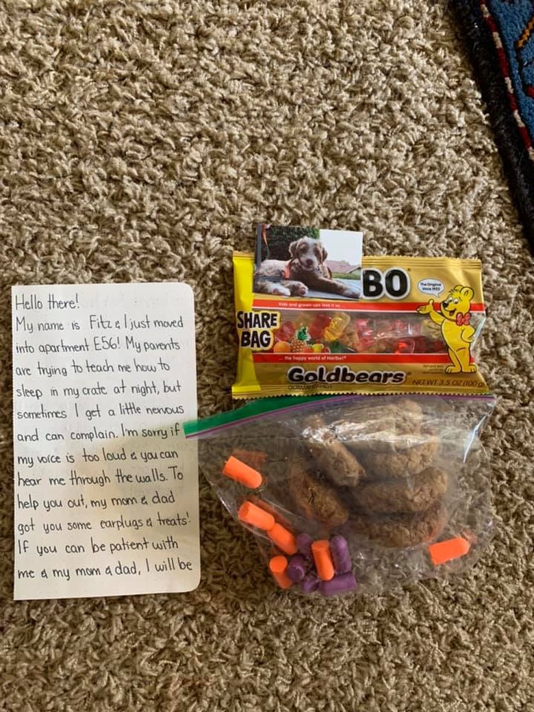 A puppy apologizes to neighbors for barking in a letter with gummy bears, earplugs, and cookies.