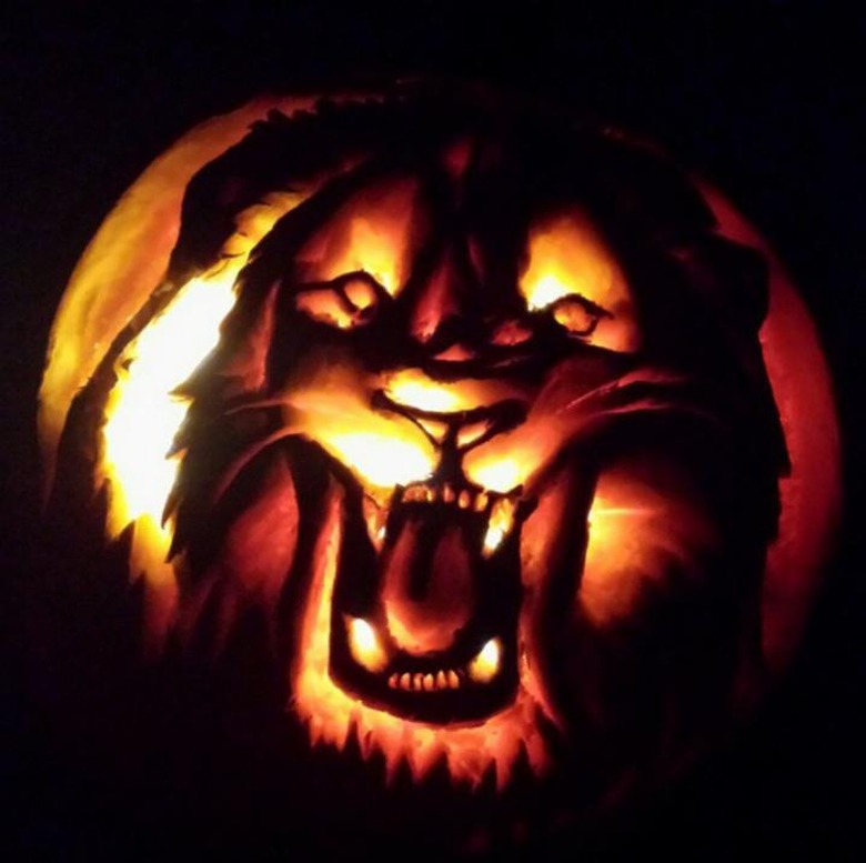 Roaring lion carved into pumpkin.