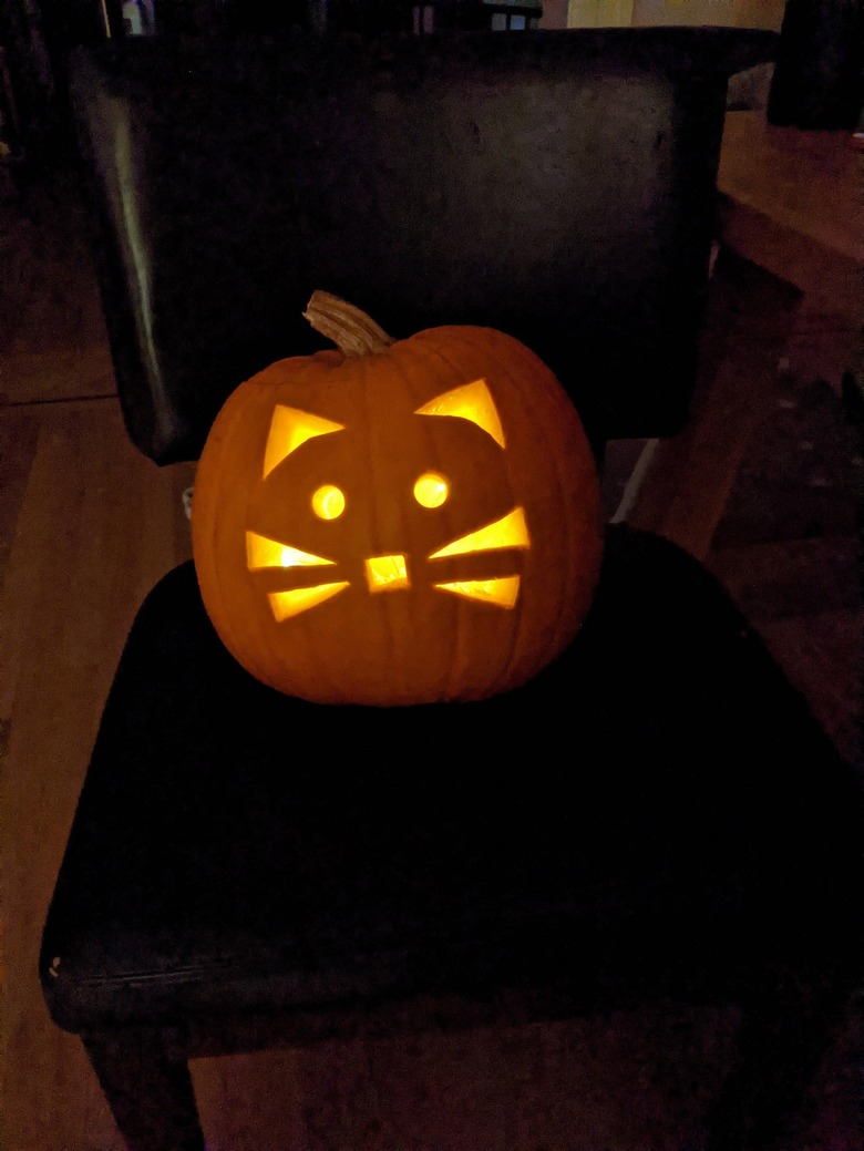 Simple cat face carved into pumpkin.