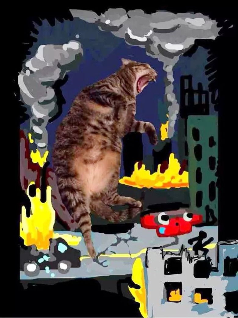 pic collage of cat destroying city skyline