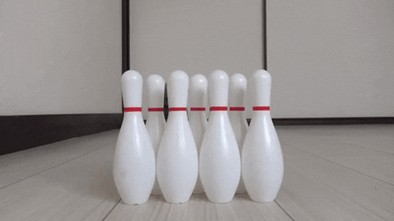 cat knocking over bowling pins