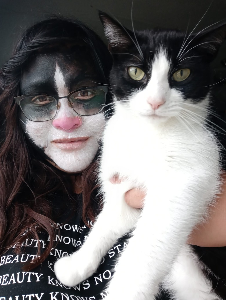 woman gets facepaint to match cat's coat