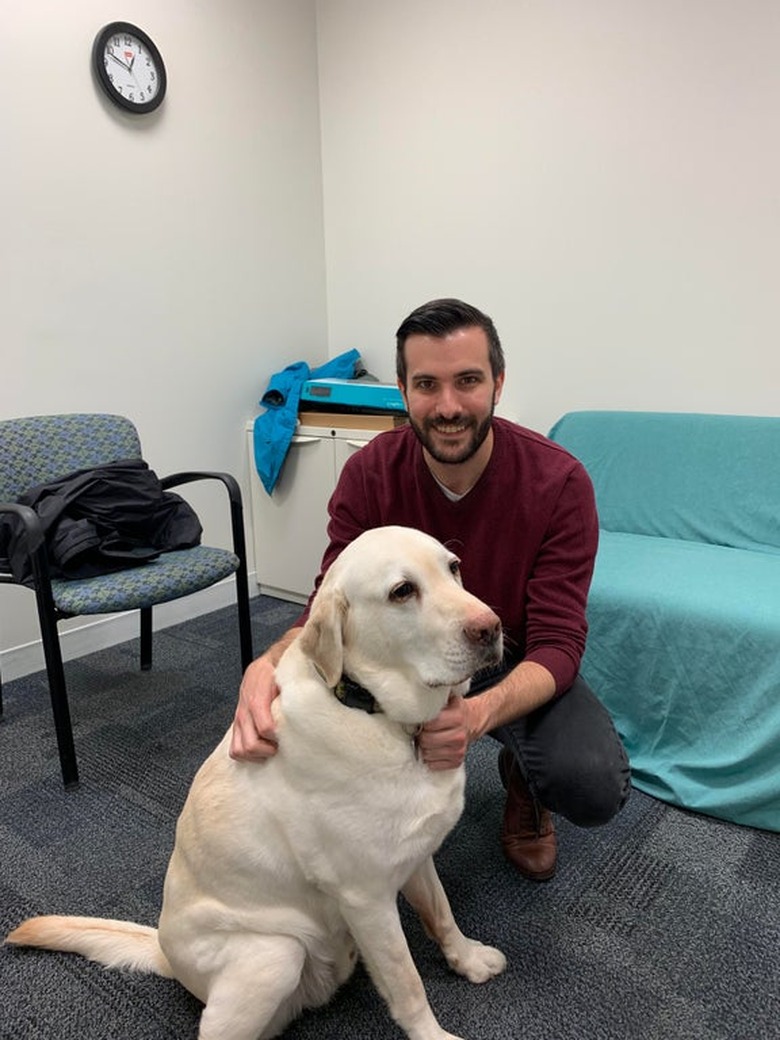 A man smiling and kneeling next to a sweet and gentle looking yellow lab.