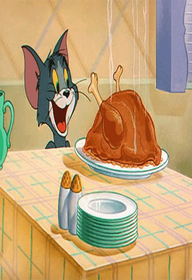 cartoon cat stares at steaming turkey