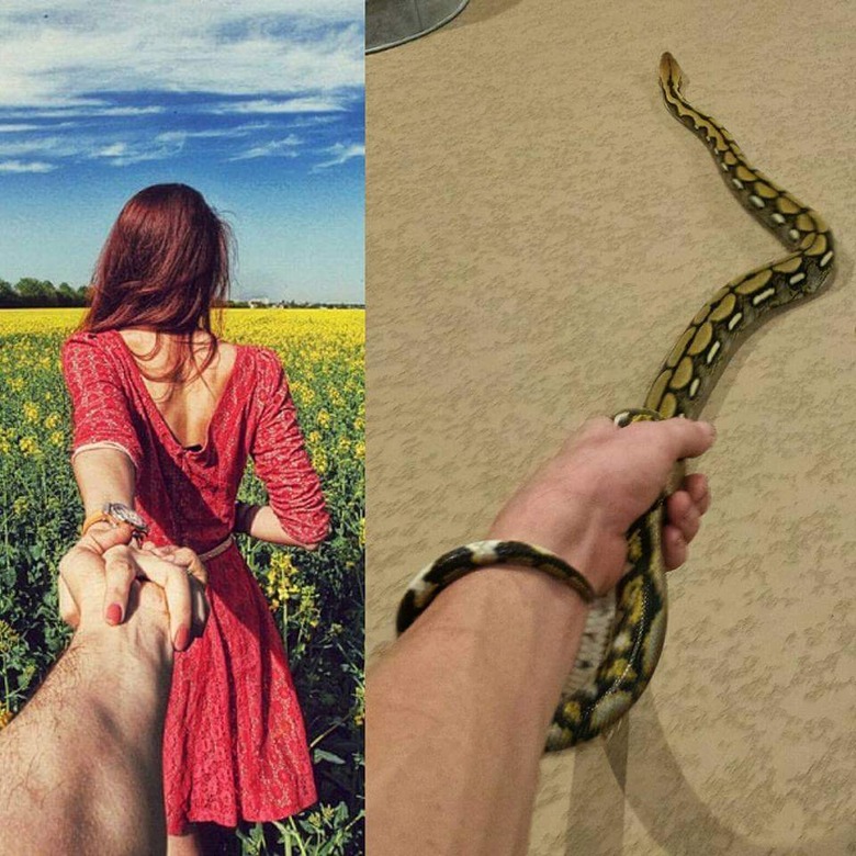 A man holds hands with a girl in one photo and with a snake in the other.