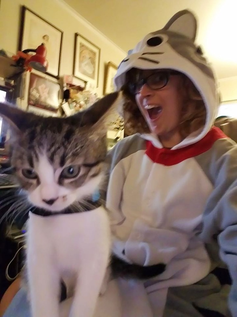 woman takes funny selfie with cat