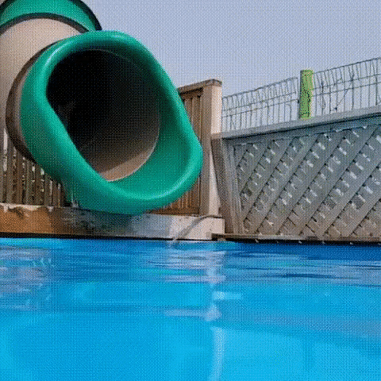 corgi jumps off water slide