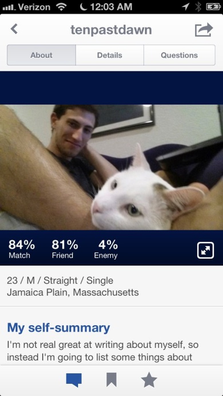 Tinder profile of man with cat growing out of foot