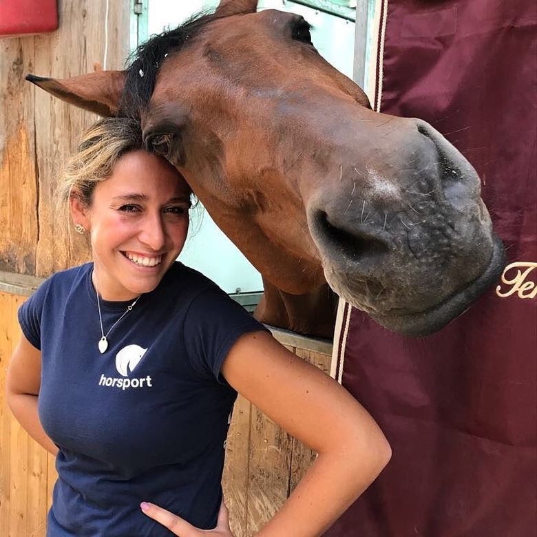 horse poses with woman for photo