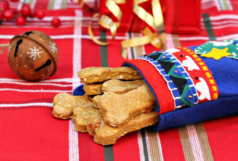 Dog Biscuits made with pumpkin and bacon in Christmas stocking