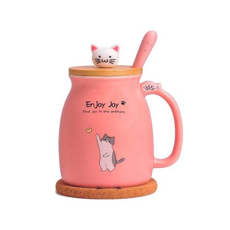 Cute Cat Cup Ceramic Coffee Mug With Kawaii Cat Wooden Lid