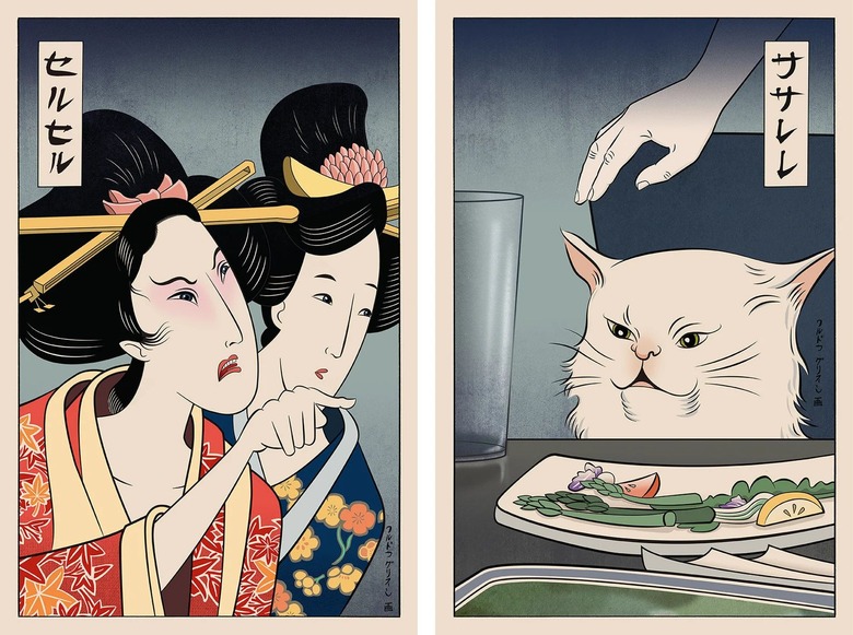 Ukiyomemes Woman Yelling at Cat, Set of 2 Giclee Prints