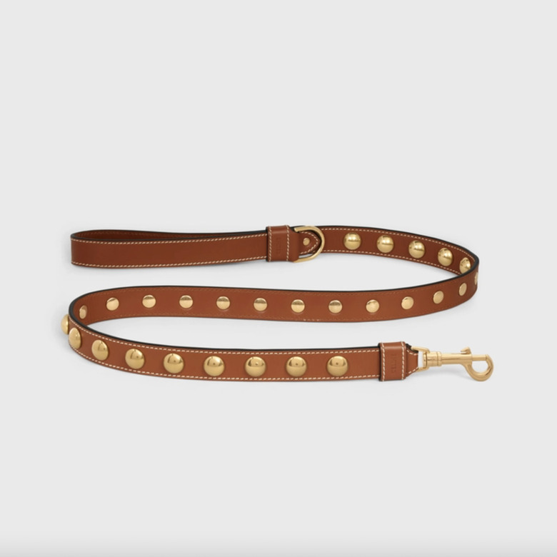 CELINE Wide Dog Leash in Smooth Calfskin With Studs, Tan