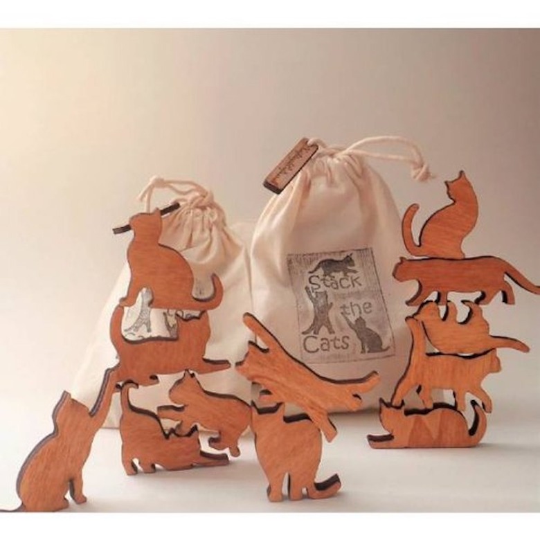 Stack the Cats! Cat lover gift. Bag of twelve mini wooden cats