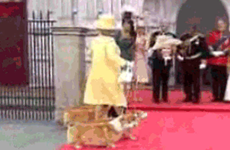 Queen of England walks corgis