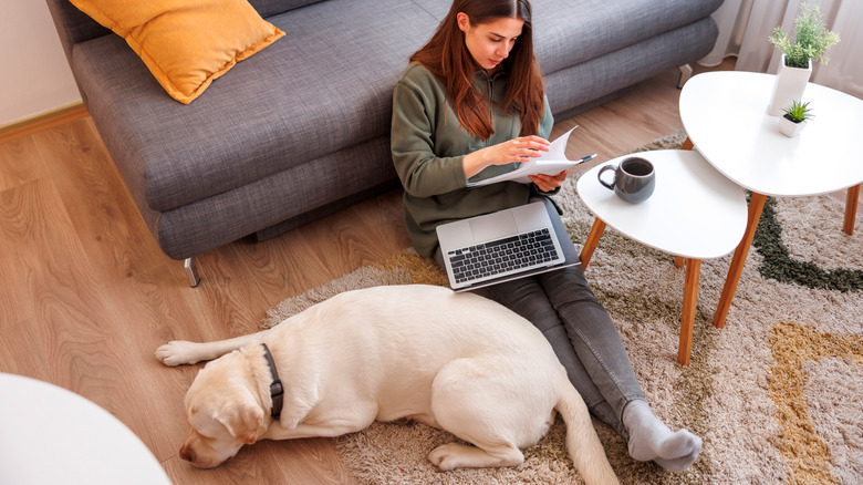 A woman looks at paperwork while sitting on the floor next to her dog