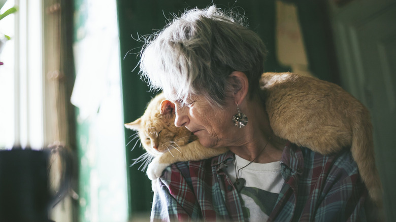 old cat resting on a woman's shoulders