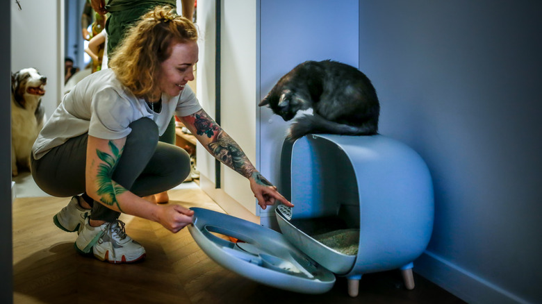 A smiling woman crouches down and reaches toward the tray of a covered litterbox, while a cat perches on the cover and watches