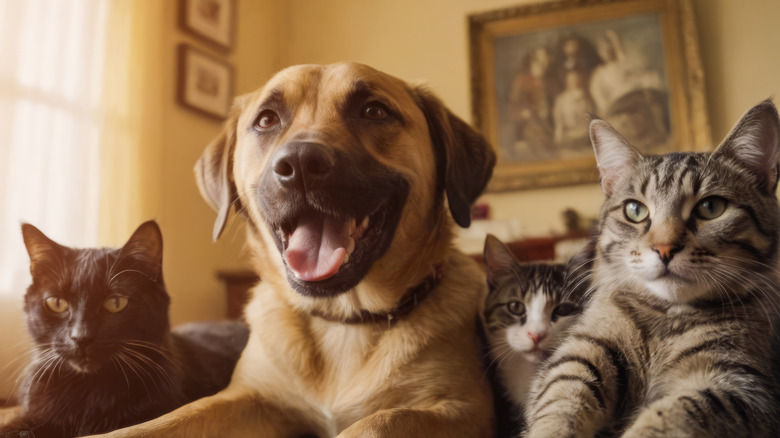 A happy dog posing with three cats