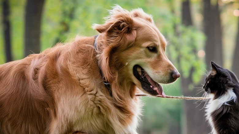 Golden Retriever with a black and white cat playing