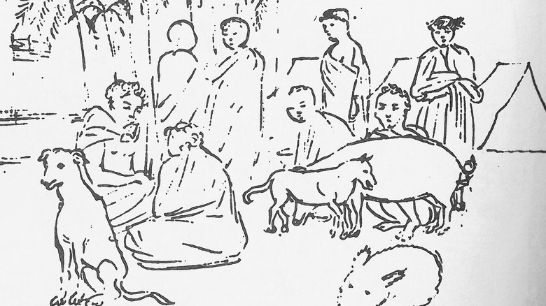 A sketch by Louis Choris which shows the Hawaiian people with livestock including the Hawaiian poi dog