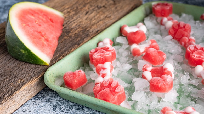 Frozen chunks of watermelon shaped like paw prints