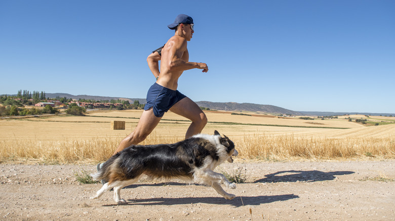 man running with dog