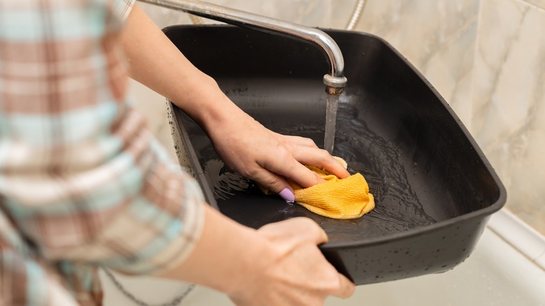 washing a cat litter box