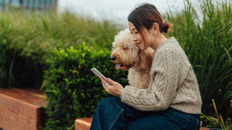 A woman in a sweater sits outside in a bench with her goldendoodle, both of them looking at her phone