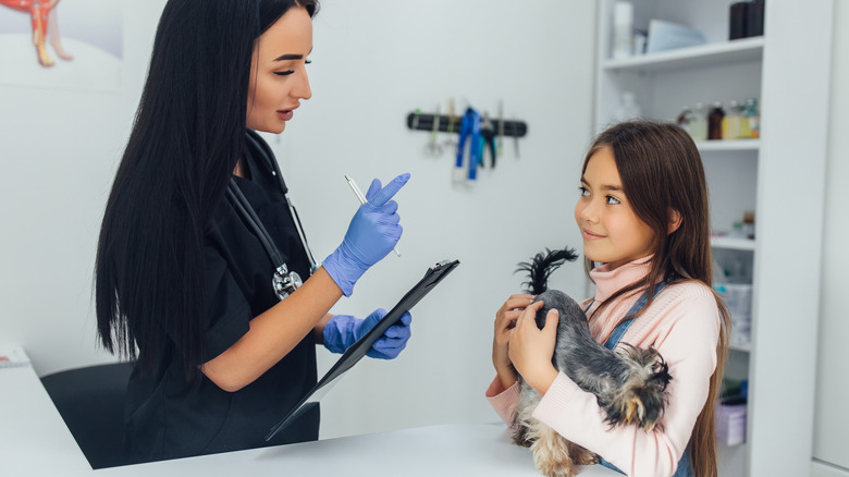 a female veterinarian talking to a small girl holding a puppy