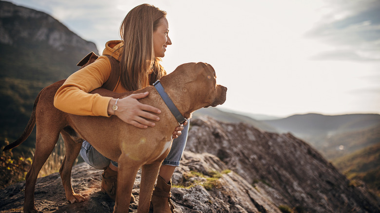 Woman enjoying mountaintop view with her dog