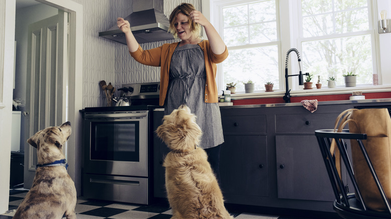 owner cooking in kitchen with dogs