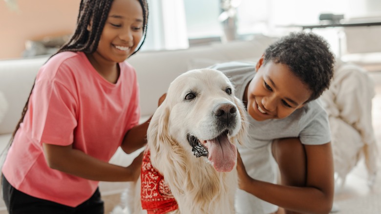 Kids petting a golden retriever