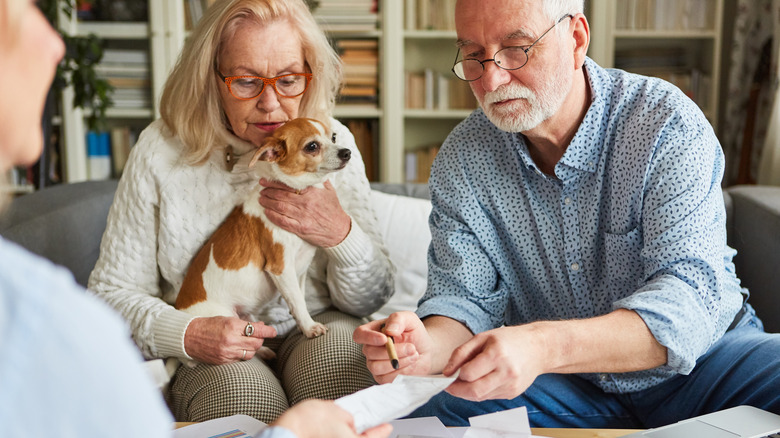 An older couple holds their chihuahua on a couch while filling out a form