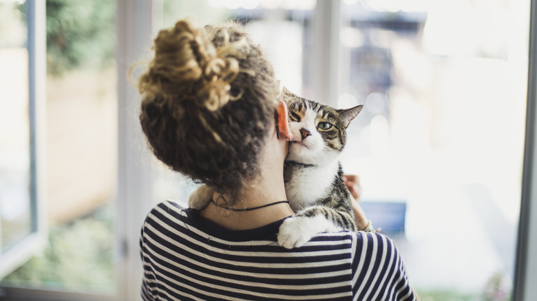 Woman with back to camera holding cat as it hugs her