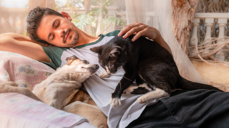 Man on a sofa with a cat on his lap and a dog beside him