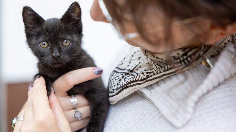 A woman holding a small, black kitten