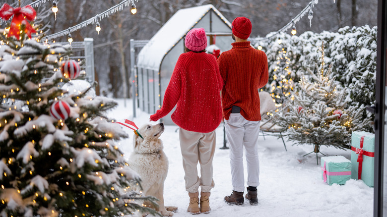 A man and woman wearing matching sweaters with their white dog in a festive themed yard