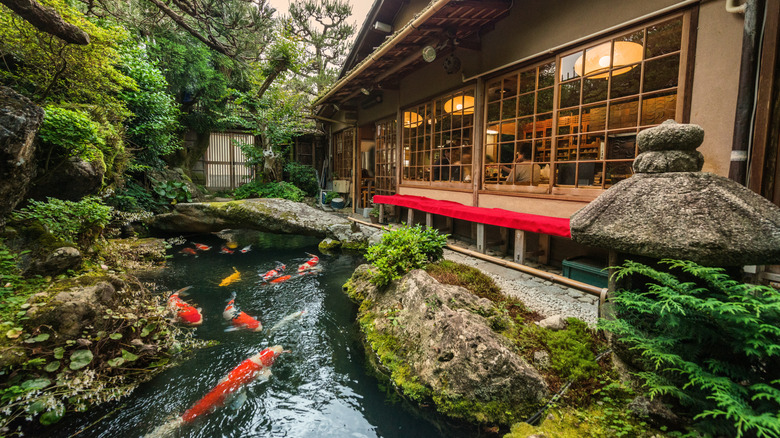 A koi pond and garden outside of a Japanese restaurant