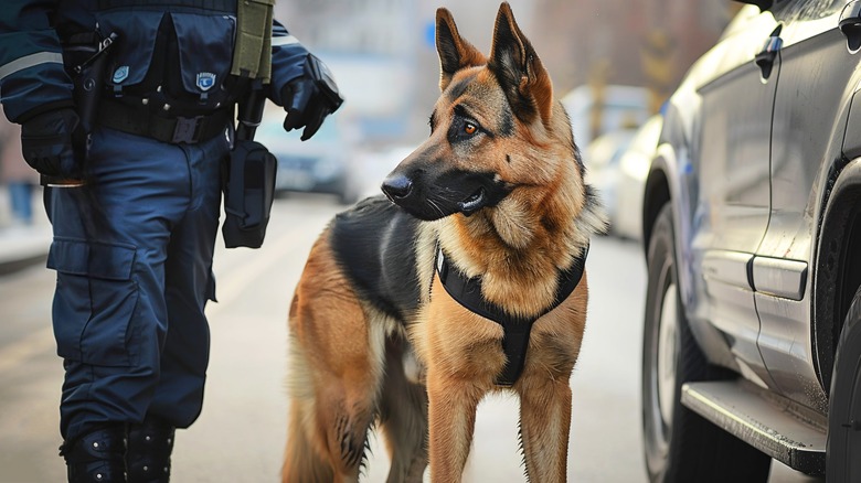 A German Shepherd stands at alert while on the job aiding police