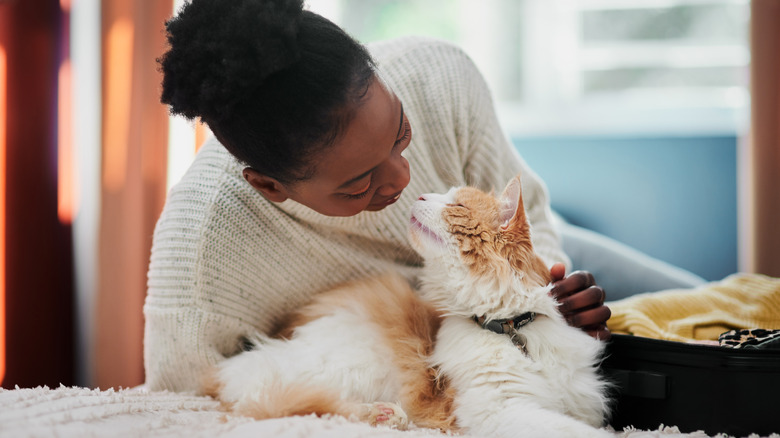 a woman in a white sweater touches noses with a fluffy cat on a bed