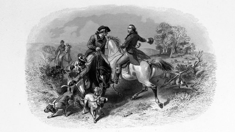 President George Washington is depicted hunting with his dogs