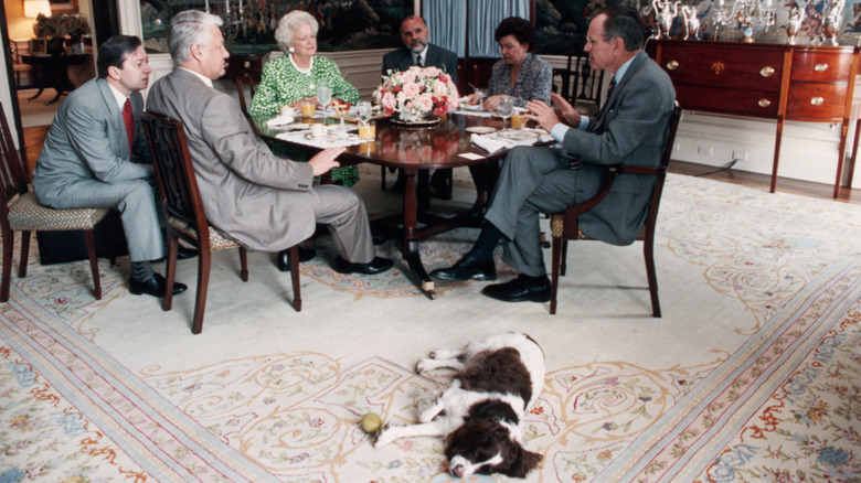 President George H.W. Bush's dog, Millie, sleeps on the floor during a White House meeting