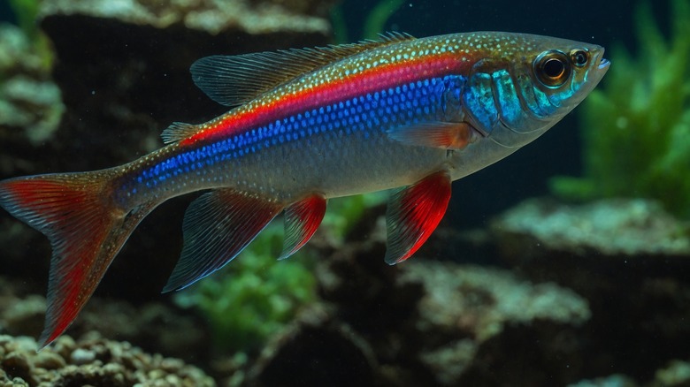 Close-up of a neon tetra in a tank