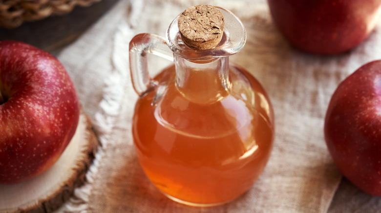 Apple cider vinegar in corked glass bottle on table among apples