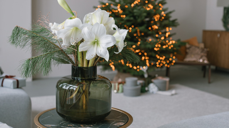 white amaryllis bouquet at Christmas