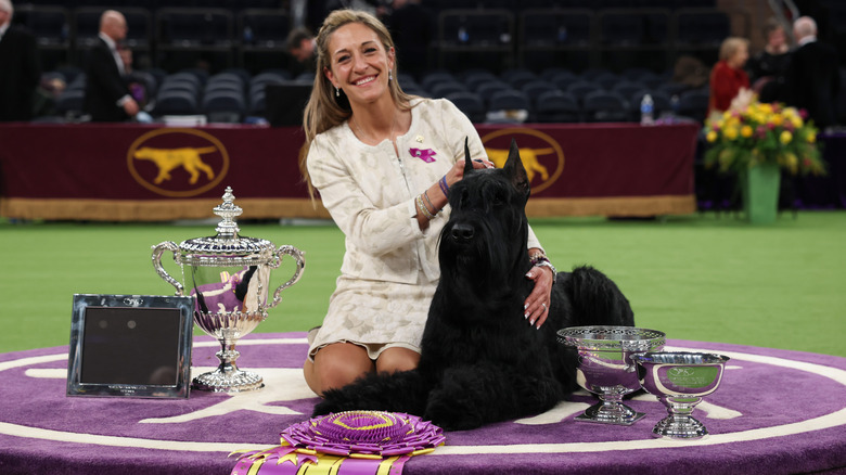 Katherine Bernardin poses with Monty and his trophies on the Westminster stage after his Best in Show win.