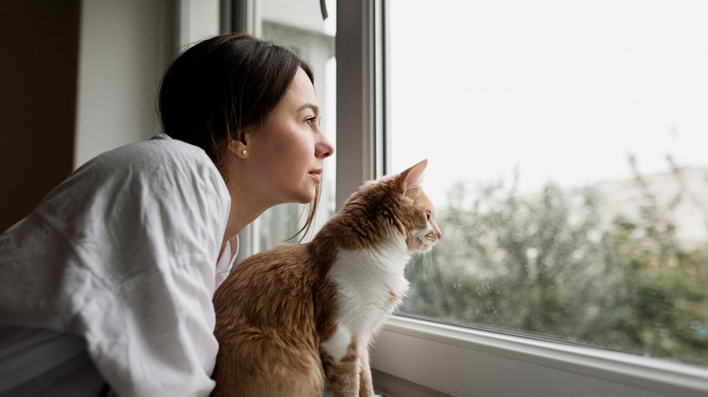 woman and cat looking out the window