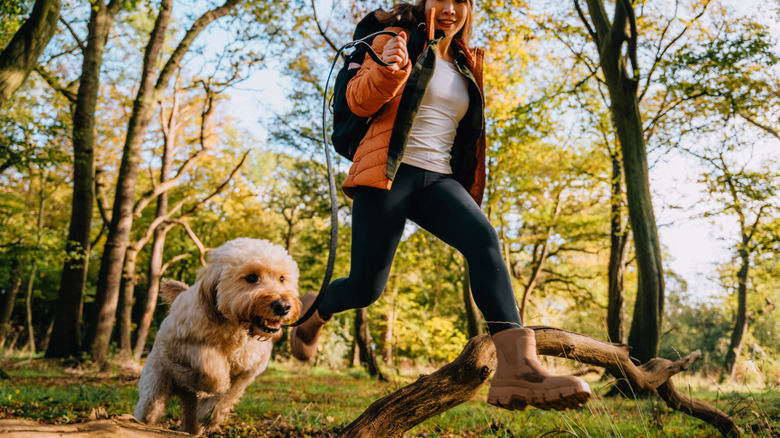 A woman running in the forest with her dog, with both of them jumping over a log