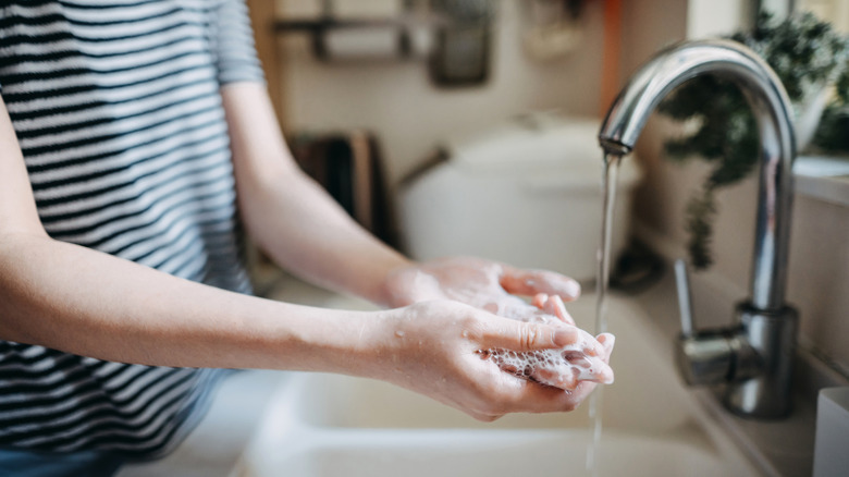 person washing their hands with soap